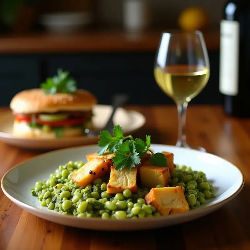 Plato hondo de cerámica blanca con curri verde tailandés cremoso, trozos de pollo dorado, tiras de bambú y hojas de albahaca fresca, acompañado de arroz jazmín. Receta en olla express alta en especias.