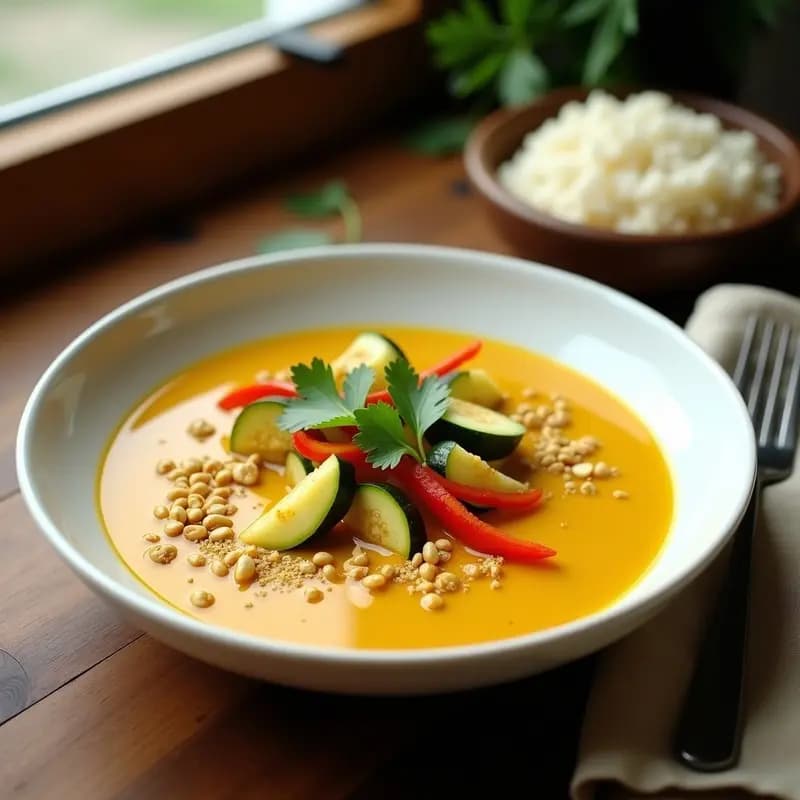 Plato hondo de cerámica blanca con curry amarillo vegano de calabacín y polen de abeja, decorado con cilantro fresco y cacahuetes tostados, servido con arroz basmati. Receta tailandesa fácil y rápida en 20 minutos.