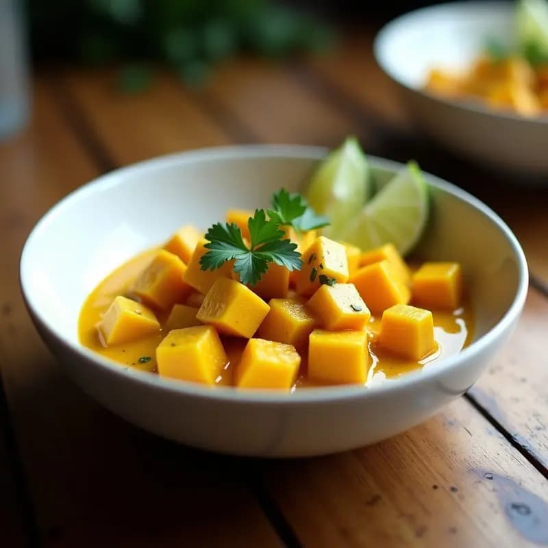 Plato hondo de cerámica blanca con Curry Amarillo Tailandés, calabaza butternut en cubos dorados, tofu marinado y salsa cremosa de coco. Decorado con cilantro fresco y rodajas de lima sobre fondo de madera rústica.