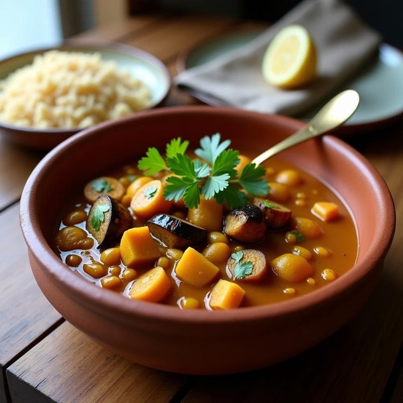 Curry de Berenjena Asada y Lentejas Rojas: Receta Vegana en Olla Lenta con Toque Indio