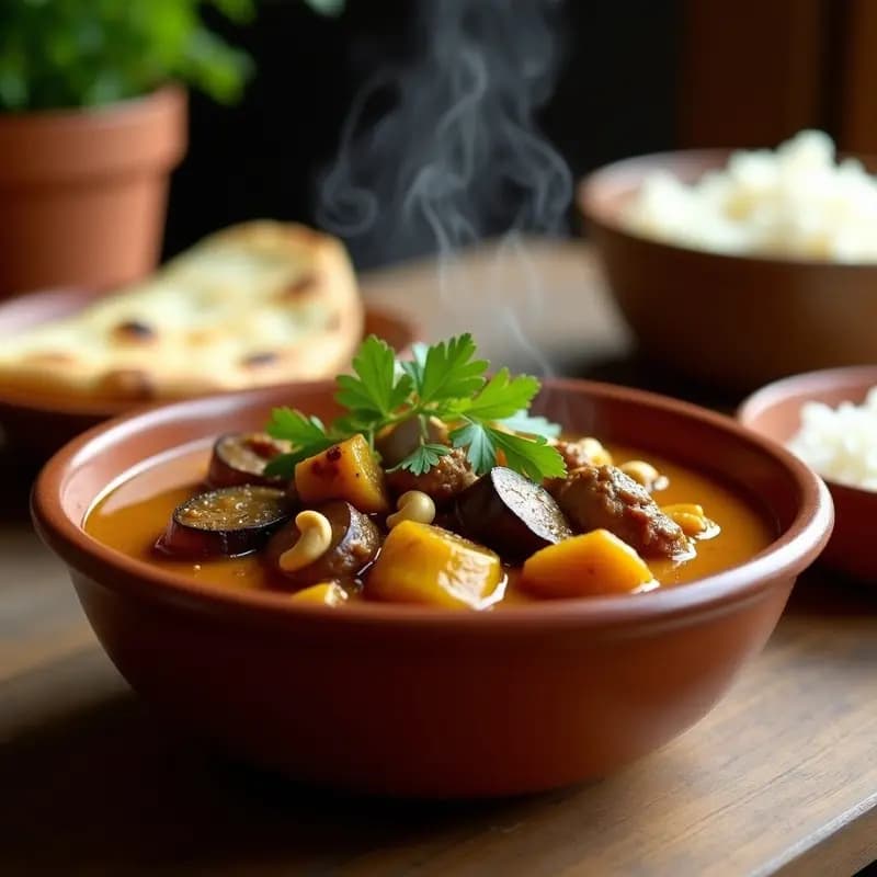 Curry indú de cabra y berenjena en olla lenta servido en un bol hondo de barro, con trozos tiernos de carne, berenjena cremosa y salsa espesa dorada. Decorado con anacardos tostados y cilantro fresco, acompañada de arroz basmati y naan.