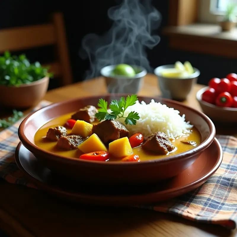 Plato hondo de barro con curry de cabra jamaicano en salsa espesa color dorado, trozos de yuca tierna, pimientos Scotch Bonnet enteros y cilantro fresco. Acompañado de arroz blanco y una rodaja de lima.