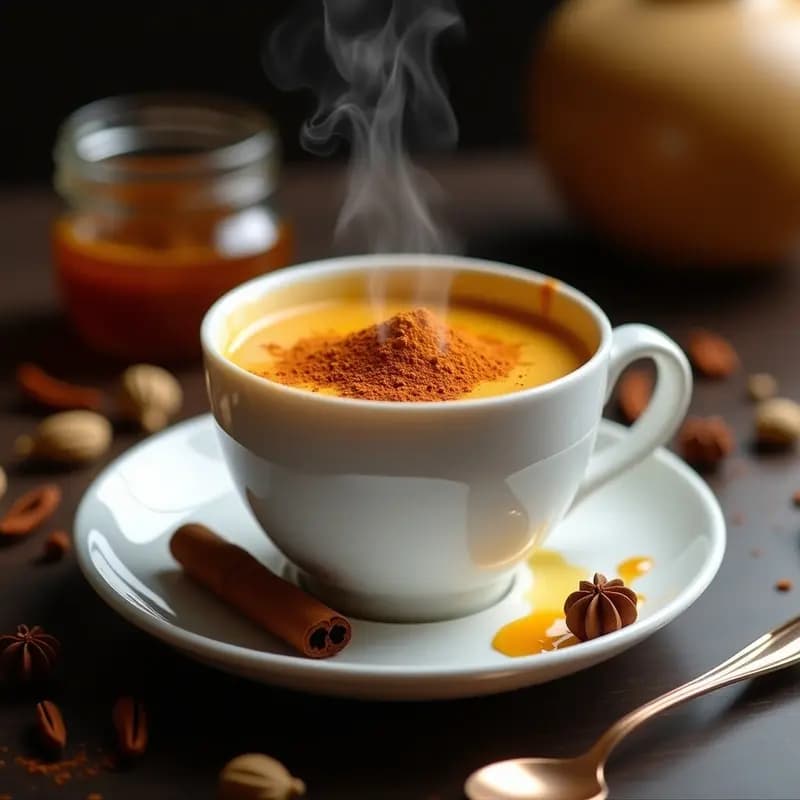 Taza de porcelana blanca con curry de café turco humeante, espolvoreado con curry en polvo dorado, junto a especias enteras y una cuchara de miel sobre fondo rústico de madera.
