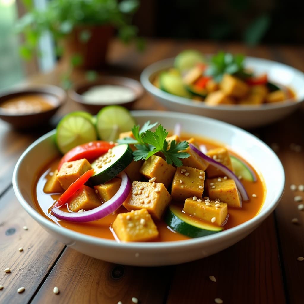 Plato hondo de cerámica blanca con curry Thai de calabacín y tofu dorado en salsa de cacahuete cremosa, decorado con cilantro fresco y semillas de sésamo, acompañado de rodajas de lima. Receta en airfryer vegana y alta en proteína.