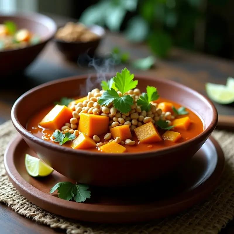 Plato hondo de barro con curry tailandés de calabaza butternut y tofu keto, bañado en salsa verde cremosa, decorado con anacardos tostados y cilantro fresco. Fondos borrosos de especias y hierbas tailandesas.