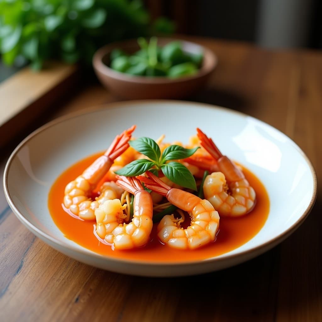 Curry tailandés de camarones y coco picante en un bol hondo de cerámica blanca, con salsa cremosa de color naranja intenso, camarones rosados, rodajas de chile rojo y hojas de cilantro fresco. Acompañado de arroz jazmín y decorado con hoja de limón kaffir.