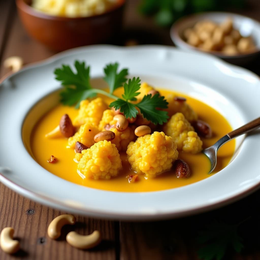 Bowl hondo de cerámica blanca con curry de coliflor y anacardos vegano en Thermomix, textura cremosa amarilla con trozos de coliflor dorada y anacardos tostados. Decorado con cilantro fresco y servido con una cuchara de madera sobre fondo de madera rústica.