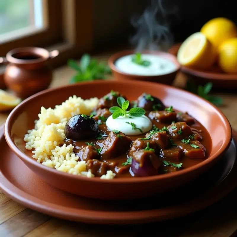Plato hondo de barro con curry pakistani de cordero y berenjena en salsa espesa y oscura, acompañado de yogur de menta cremoso y decorado con perejil fresco. Al fondo, arroz basmati y rodajas de limón.