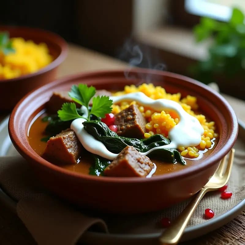 Plato hondo de barro con curry de cordero iraní, trozos tiernos bañados en salsa cremosa de yogur y especias, decorado con hojas verdes de bergen fresco y almendras tostadas sobre fondo rústico.