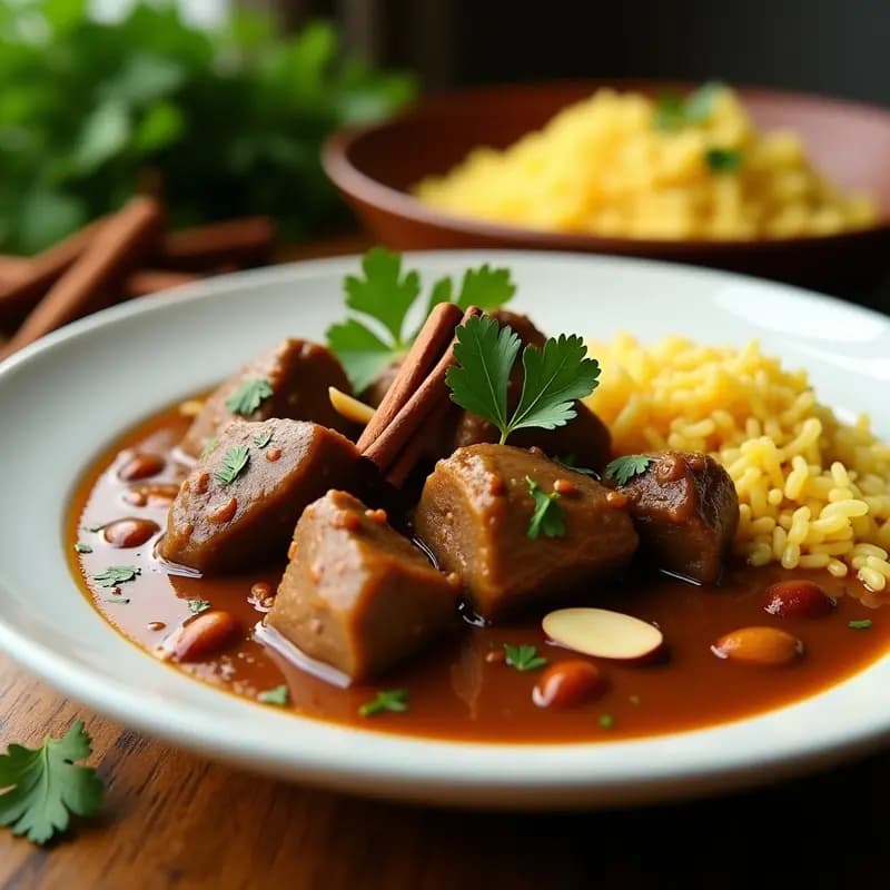 Plato de cerámica blanca con curry de cordero con cardamomo, trozos de carne dorada en salsa espesa y especiada, acompañado de arroz basmati amarillo con hebras de azafrán, decorado con almendras fileteadas y cilantro fresco. Fondos borrosos de especias enteras y hojas de cilantro.