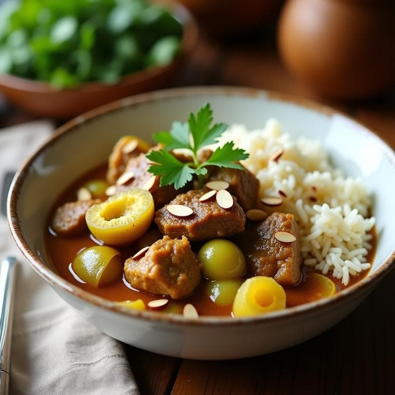 Curry de cordero persa en cuenco blanco con ciruelas verdes troceadas, almendras tostadas y especias visibles, servido sobre arroz basmati. Ideal para tupper.
