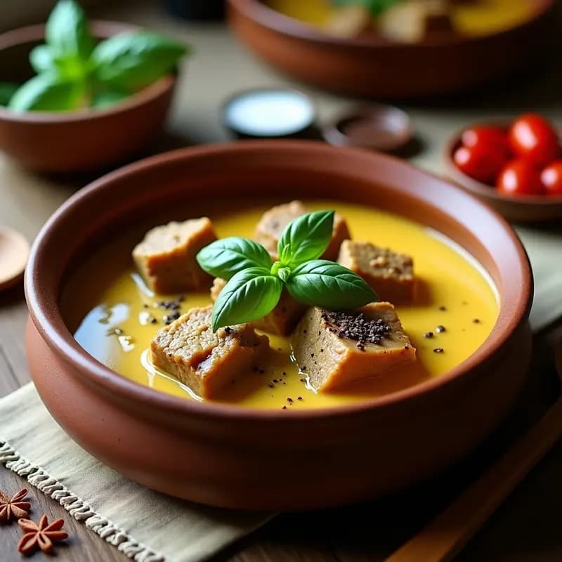 Plato hondo de barro con curry de cordero mongol espeso, trozos de carne dorada bañados en salsa cremosa de leche de yegua fermentada, decorado con albahaca fresca y especias visibles, servido sobre un mantel rústico de lana.