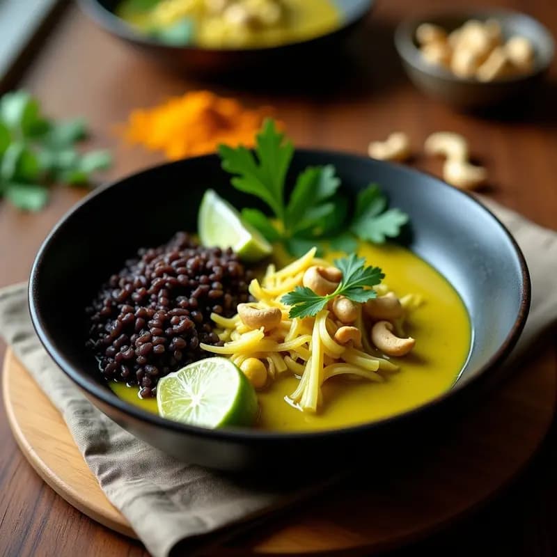 Plato hondo de cerámica negra con curry tailandés de jackfruit desmenuzado en salsa verde cremosa, anacardos tostados espolvoreados y hojas de cilantro fresco. Acompañado de arroz salvaje oscuro en un lado del plato. Fondos borrosos con especias y limón kaffir.