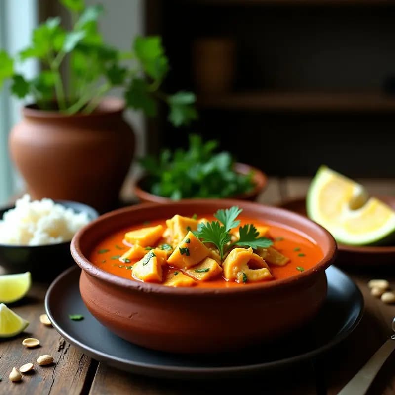 Cazuela de barro con curry de jackfruit y durian vegano, espeso y cremoso, con trozos de pimiento rojo y zanahoria. Decorado con cacahuetes tostados y cilantro fresco sobre fondo rústico de madera.