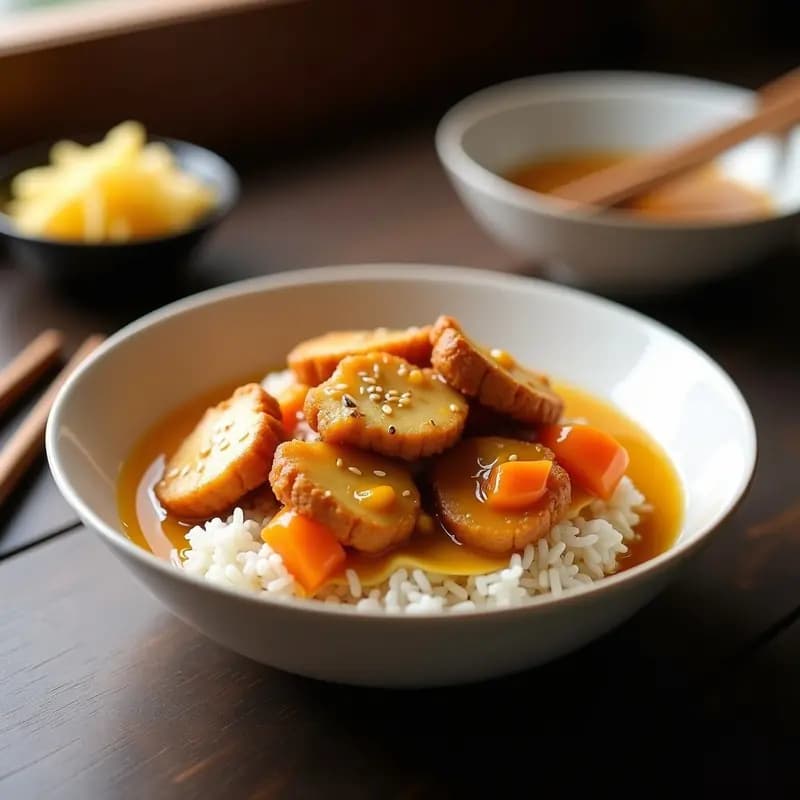 Plato hondo de cerámica blanca con filetes dorados de tonkatsu de cerdo cortados en tiras, bañados en una salsa espesa de curry japonés color ámbar con trozos de manzana y zanahoria. Acompañado de arroz al vapor y espolvoreado con semillas de sésamo. Receta de curry japonés de cerdo y manzana tonkatsu reconfortante.