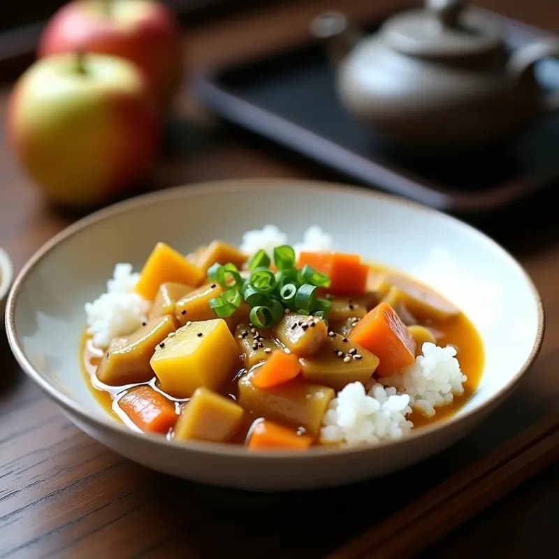Plato hondo de porcelana blanca con curry japonés de pollo y manzana, salsa espesa y dorada, trozos de pollo tierno, manzana Fuji en cubos y verduras estofadas, servido sobre arroz japonés brillante, decorado con cebollino picado y semillas de sésamo tostadas.