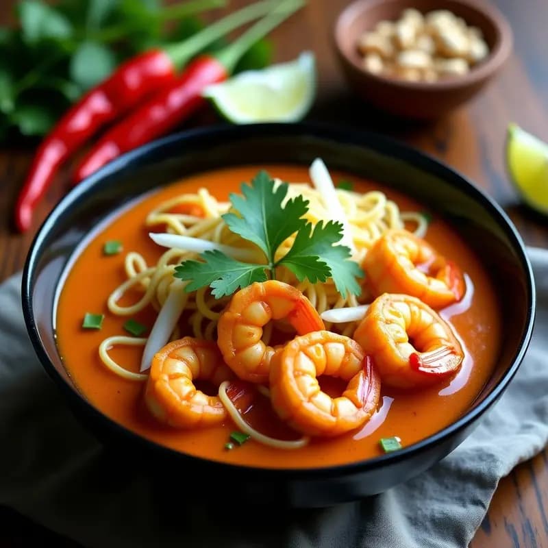 Bowl hondo de cerámica oscura con Curry Laska de Camarones y Fideos de Arroz, bañado en salsa cremosa color naranja intenso, decorado con cebollino verde, cacahuetes triturados y gajos de limón. Fondo con hojas de kaffir y tallos de lemongrass.
