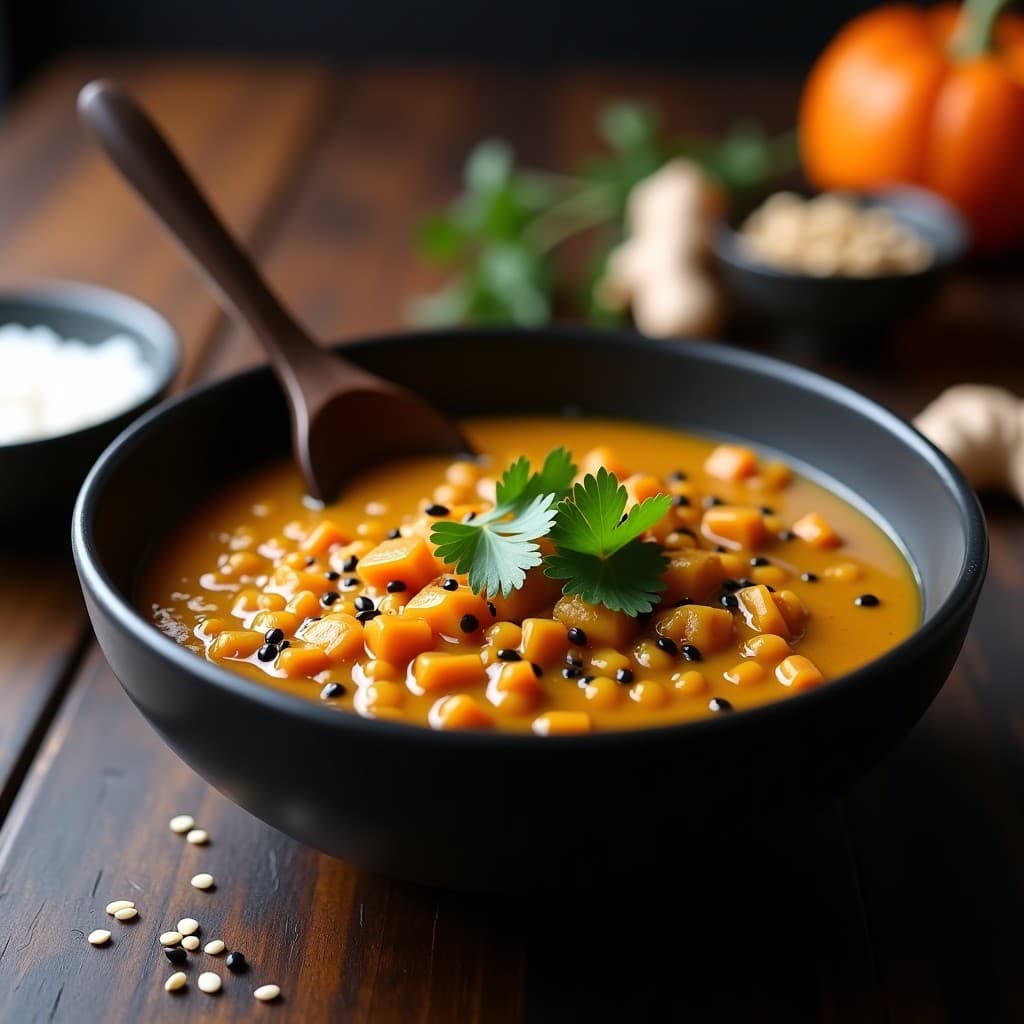 Cuenco hondo de cerámica negra con curry japonés de lentejas corail y calabaza kabocha, espolvoreado con semillas de sésamo negro y cilantro fresco. Fondo de madera oscura con cucharón de madera y trozo de jengibre fresco.