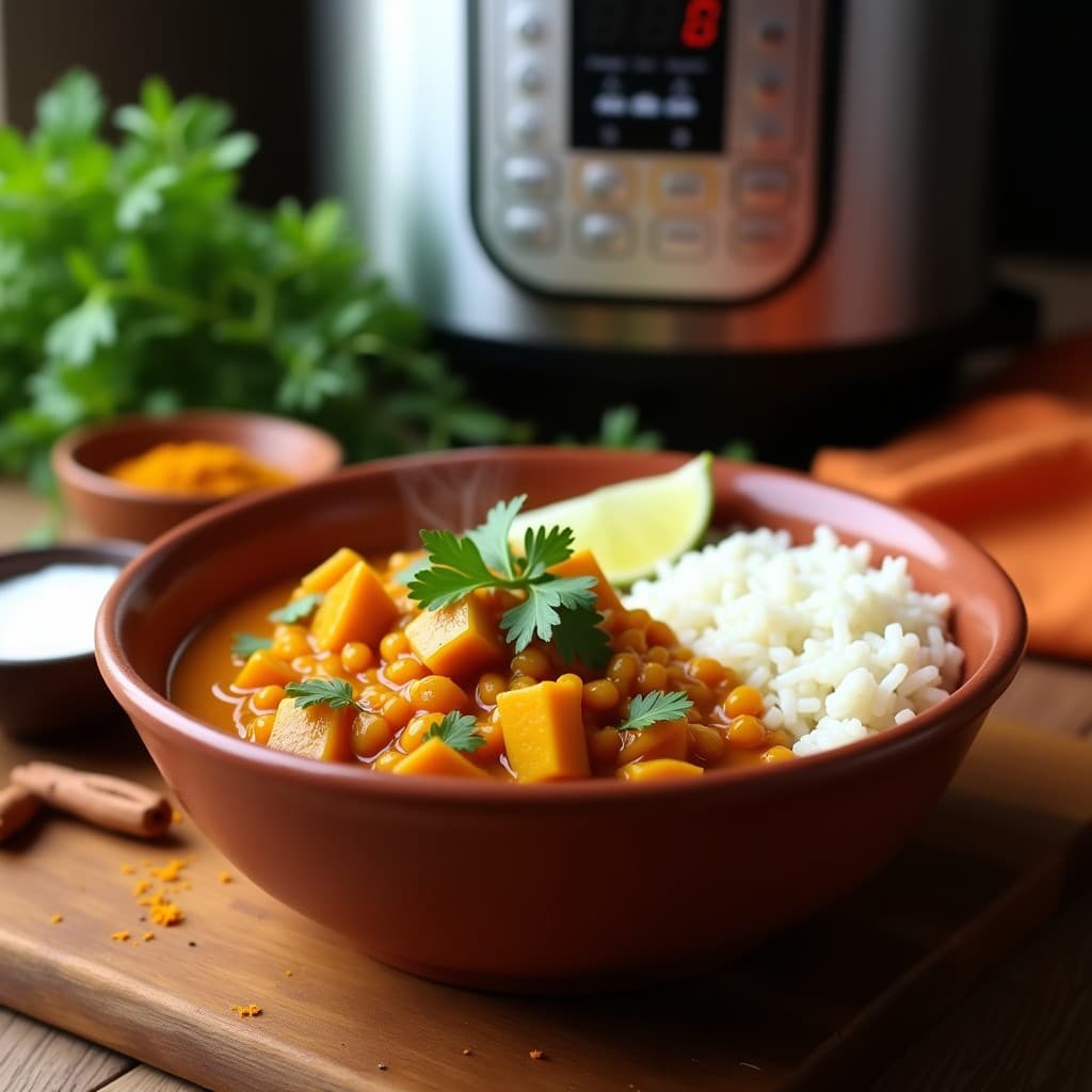 Plato hondo de barro con curry de lentejas rojas y calabaza vegano, espolvoreado con cilantro fresco. Fondos dorados y cremosos, con cubos de calabaza butternut y lentejas bien integradas. Acompañado de arroz basmati blanco y rodaja de limón, servido en olla express.