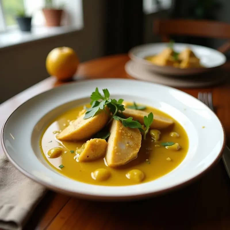 Plato hondo de cerámica blanca con curry de lomo de cerdo y manzana verde, salsa espesa de color dorado, trozos de manzana visible y decoración de anacardos tostados. Receta alemana en olla lenta con toque exótico.