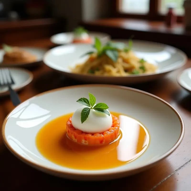Plato gourmet japonés con curry de roe de erizo de mar en cuenco negro, cubierto de espuma de coco aireada, decorado con cilantro y semillas de sésamo negro, acompañado de agua con gas burbujeante.