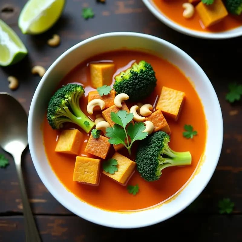 Bol hondo de cerámica blanca con Curry Roja Tailandesa vegana, tempeh dorado, brócoli al dente y salsa cremosa de coco, decorado con anacardos y cilantro fresco sobre fondo de madera oscura.
