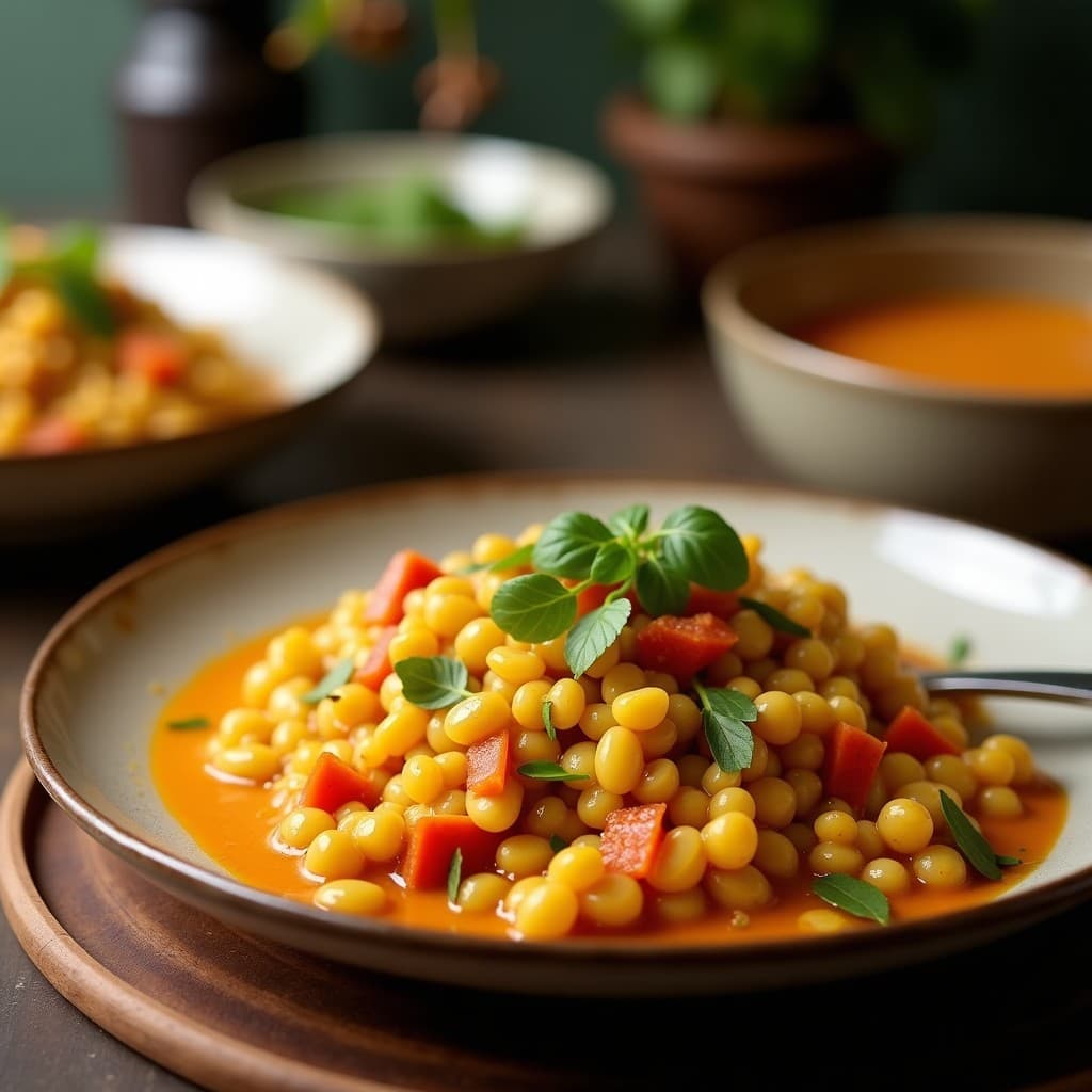 Cuenco hondo de cerámica negra con curry rojizo de lentejas y coco, decorado con cilantro fresco y semillas de sésamo, acompañando de arroz basmati blanco. Receta tailandesa en olla express.
