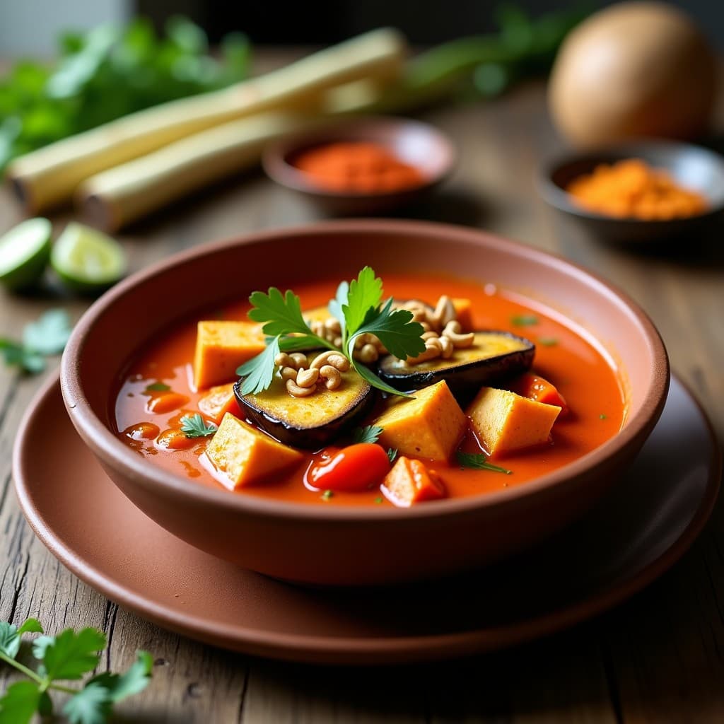 Plato hondo de barro con curry rojo tailandés keto de berenjena asada y tempeh dorado, bañado en salsa cremosa de leche de coco, decorado con cilantro fresco y anacardos tostados. Fondo rústico con especias y hojas de kaffir lima.