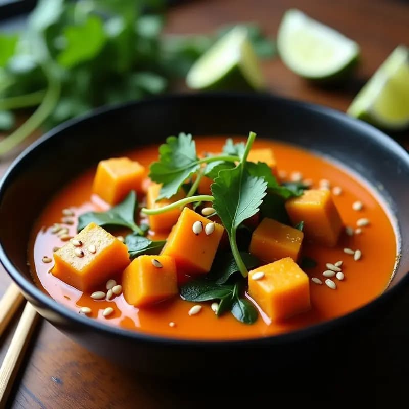 Cuenco hondo de cerámica negra con Curry Rojo de Calabaza y Tofo vegano, bañado en salsa cremosa de leche de coco y especias tailandesas. Trozos de calabaza butternut dorada, tofo sedoso y espinacas verdes, decorado con semillas de sésamo tostadas y cilantro fresco. Plato colorido y apetitoso con fondo de madera rústica.
