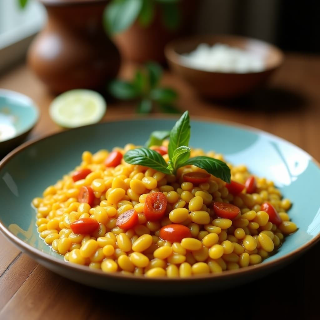 Plato hondo de barro con curry rojo de lentejas y coco en airfryer, espolvoreado con cilantro fresco y acompañado de rodajas de limón, con fondo rústico.