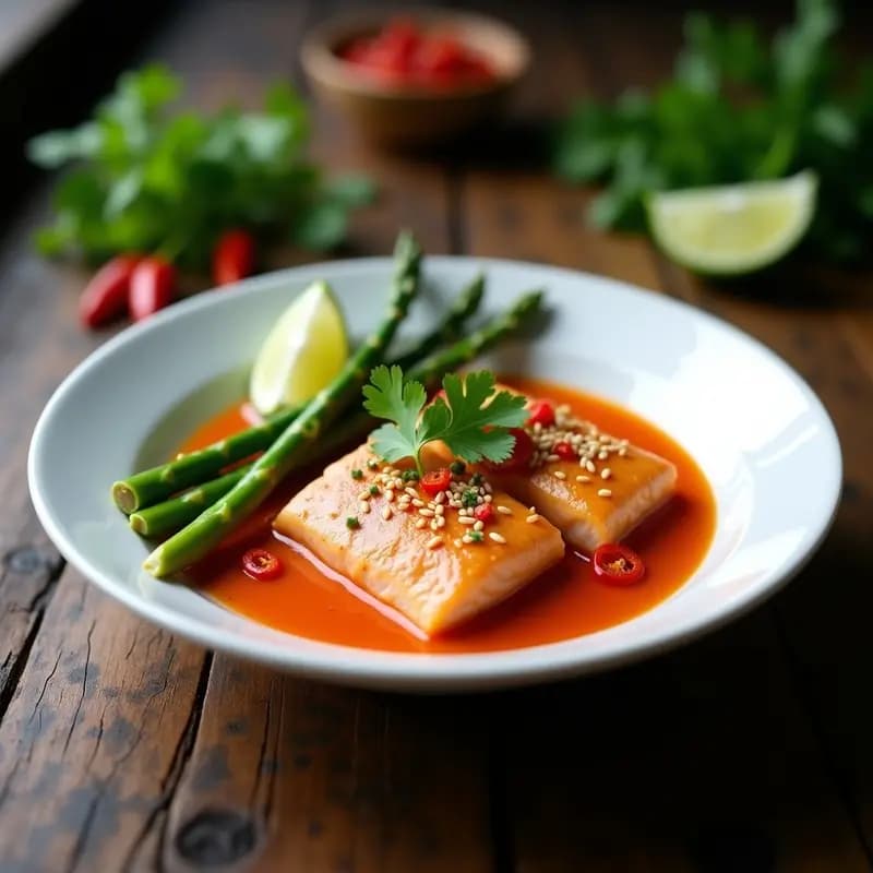 Plato hondo de cerámica negra con curry rojo tailandés cremoso, filetes de salmón rosado desmenuzables, espárragos verdes tiernos y decoración de cacahuetes picados y cilantro fresco. Fondos de hierba limón y rodajas de chile rojo, servido con arroz jazmín blanco.
