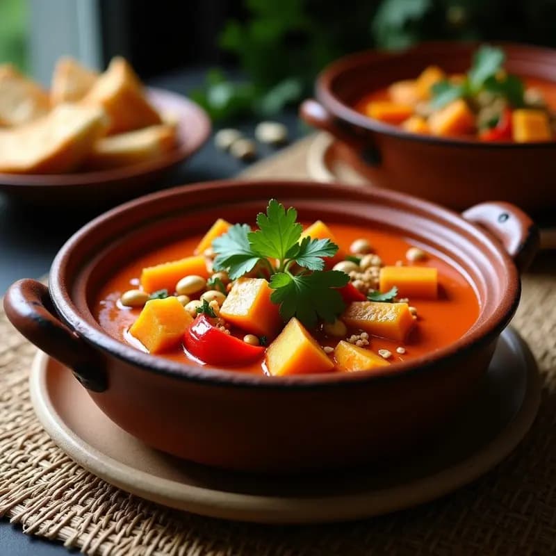 Cazuela de barro humeante con curry rojo tailandés vegano y keto, calabaza butternut dorada, tofu sedoso y pimiento rojo en salsa de coco espesa, decorado con cilantro fresco y anacardos tostados.