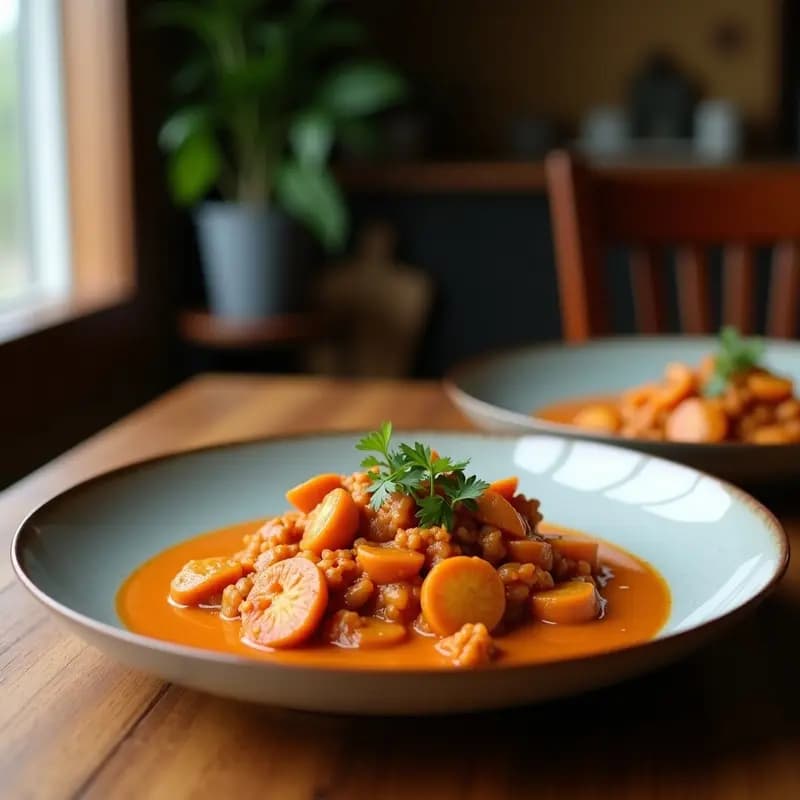 Plato hondo de barro con curry rojo tailandés cremoso, lentejas pardinas y trozos de rocoto y pimiento rojo, decorado con cilantro fresco y servido sobre una mesa de madera con arroz jazmín.