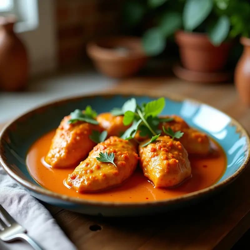 Cuenco de cerámica oscura con curry rojo tailandés de pollo en airfryer, salsa cremosa de leche de coco, trozos de pollo, pimiento rojo y cebolla morada, decorado con albahaca fresca y cacahuetes tostados.