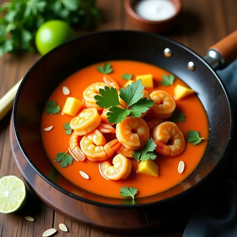 Wok negro con curry tailandés de camarones y piña, salsa cremosa naranja rojiza, trozos de piña dorada y camarones rosados, decorado con cilantro fresco y almendras fileteadas, servido sobre fondo de madera rústica.