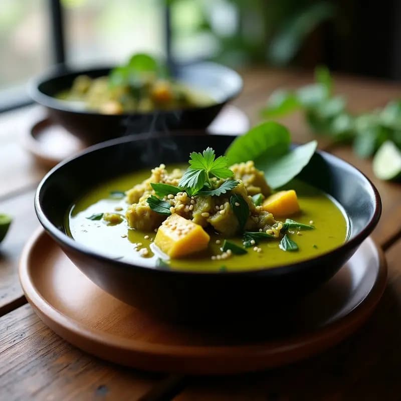 Curry tailandés vegano de jackfruit y espinacas en un bol hondo de cerámica blanca, con salsa cremosa de color verde intenso, trozos de jackfruit dorados, espinacas frescas y cilantro picado por encima. Acompañado de arroz jazmín blanco y una rodaja de lima al lado.