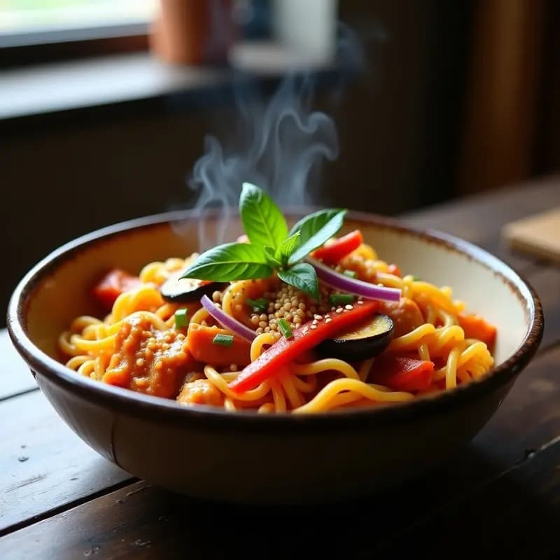 Plato hondo con curry tailandés keto de pasta de calabaza, pollo y verduras bañados en salsa de coco y curry rojo, decorado con albahaca y semillas de sésamo.