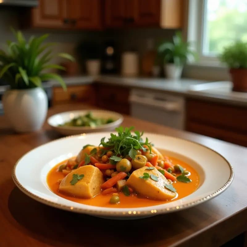 Wok de cerámica con curry thai de berenjena y pollo, bañado en salsa de leche de coco y pasta de curry rojo, decorado con cacahuetes y albahaca thai fresca.