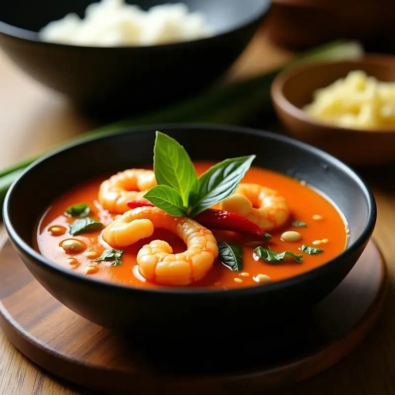Curry Thai de Camarones y Lemongrass servido en un bol negro de cerámica, con camarones rosados bañados en una salsa cremosa de color naranja intenso, decorado con hojas de albahaca verde, cacahuetes tostados y rodajas de chile rojo, sobre una mesa de madera rústica con un wok al fondo.