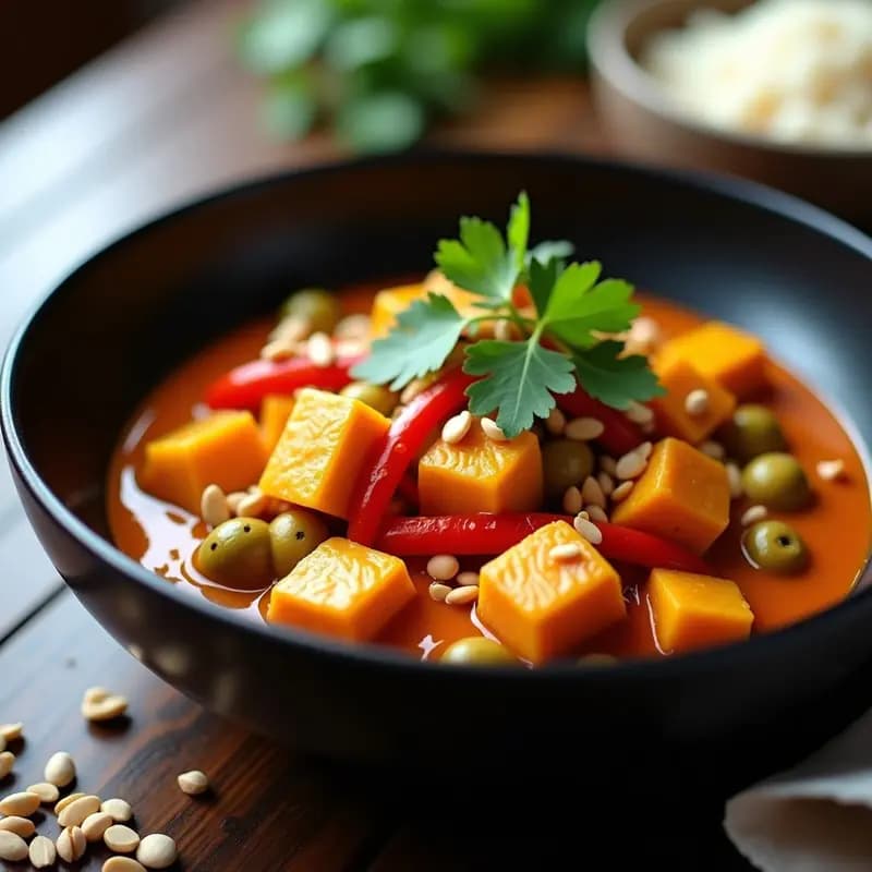 Bowl hondo de cerámica negra con curry thai de calabaza butternut y tofu en salsa de coco, decorado con cilantro fresco y cacahuetes, acompañado de arroz basmati blanco.