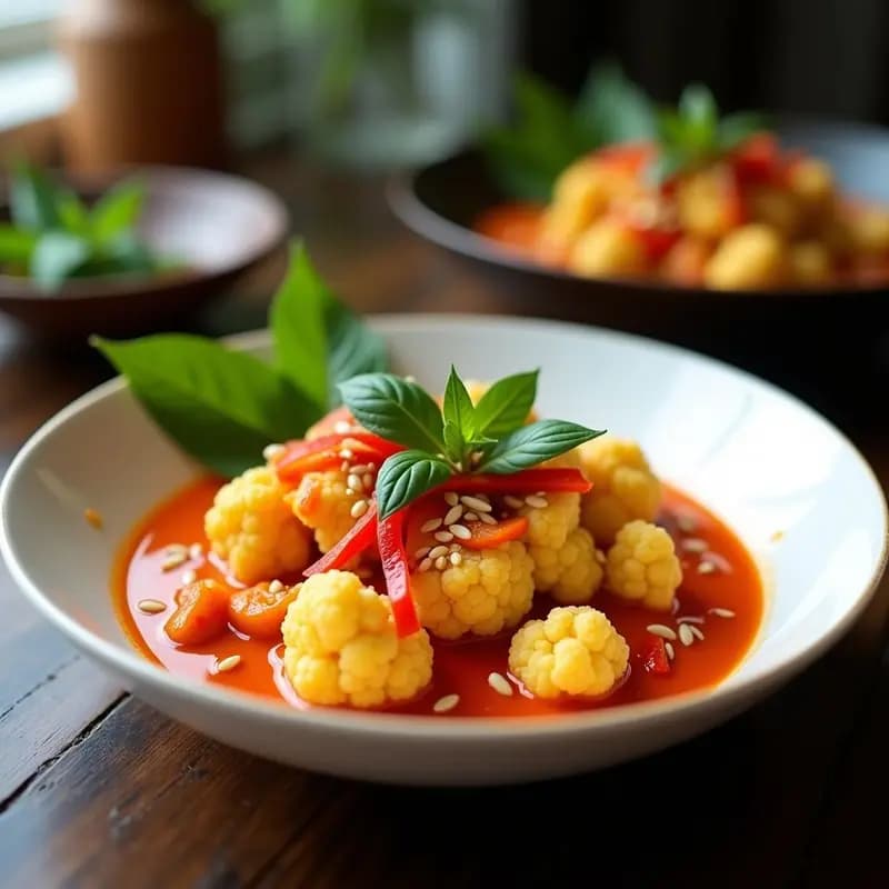 Plato hondo de cerámica blanca con curry tailandés de coliflor keto, bañado en salsa cremosa de leche de coco y paste rojo, decorado con albahaca tailandesa, semillas de sésamo y tiras de pimiento rojo.