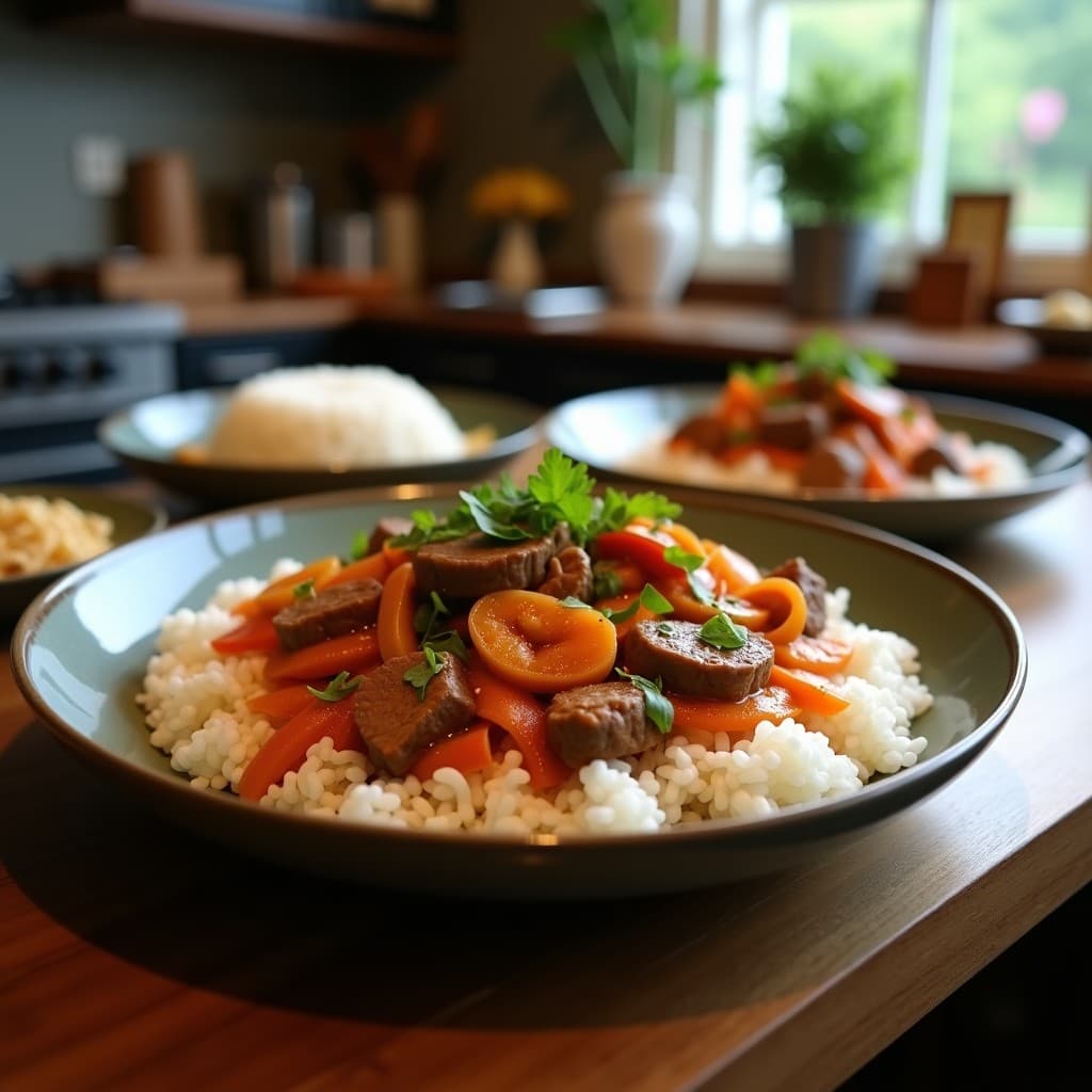 Bol hondo de cerámica blanca con curry thai de ternera y coco, trozos de carne jugosa en salsa espesa de color naranja intenso, decorado con cilantro fresco y rodajas de lima, servido sobre arroz basmati blanco.