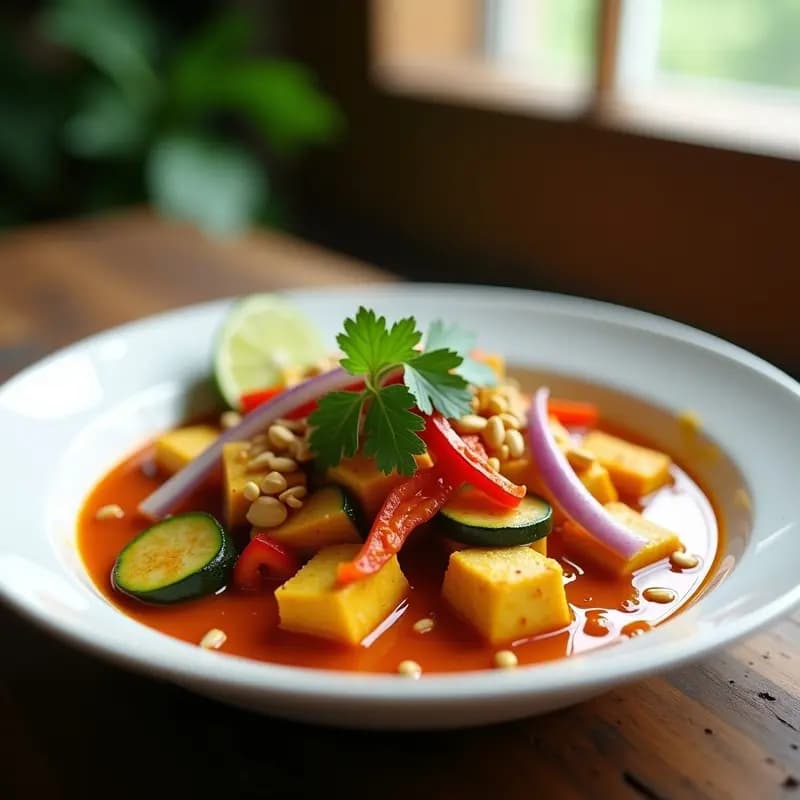Bol hondo de cerámica blanca con curry tailandés de tofu dorado, calabacín, pimiento rojo y cebolla morada, bañado en salsa de curry rojo y leche de coco, decorado con cilantro fresco, cacahuetes triturados y gajos de limón, servido sobre una mesa de madera rústica.