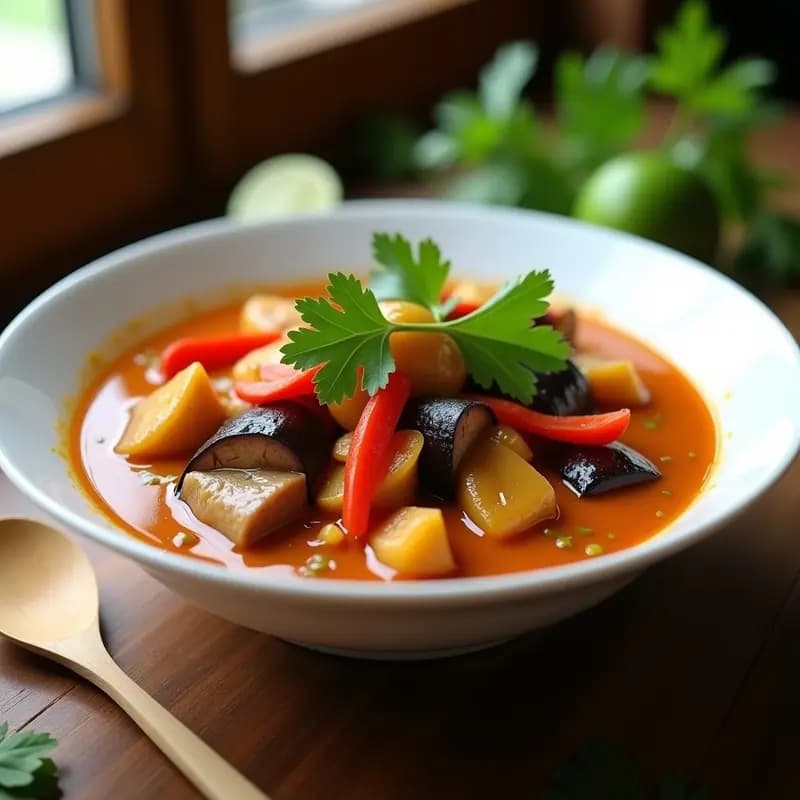Plato de curry thai de berenjenas y tamarindo servido en un bol de cerámica blanca, con salsa espesa de color ámbar, trozos de berenjena, pimiento rojo y decorado con cilantro fresco.