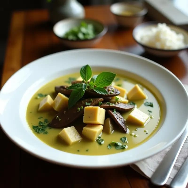 Bowl hondo de cerámica negra con curry verde tailandés cremoso, verniegas, tofu dorado y hojas de albahaca fresca, acompañado de arroz jazmín blanco.
