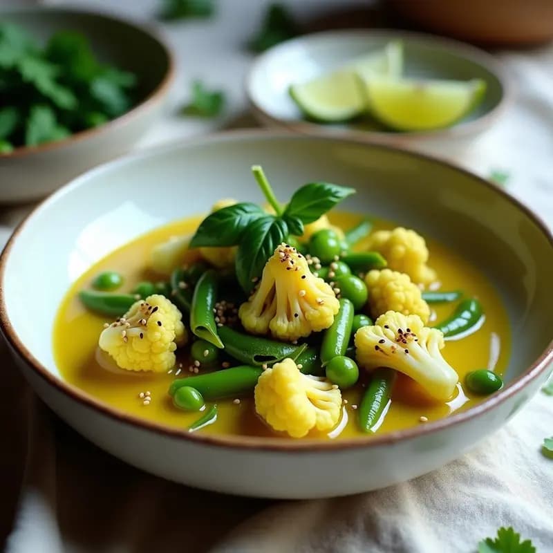 Cuenco hondo de cerámica blanca con curry verde tailandés de coliflor y guisantes, bañado en salsa verde aromática, decorado con hojas de albahaca fresca, semillas de sésamo tostadas y rodajas de limón. Plato ligero y sin lácteos, servido sobre un mantel de lino crudo.