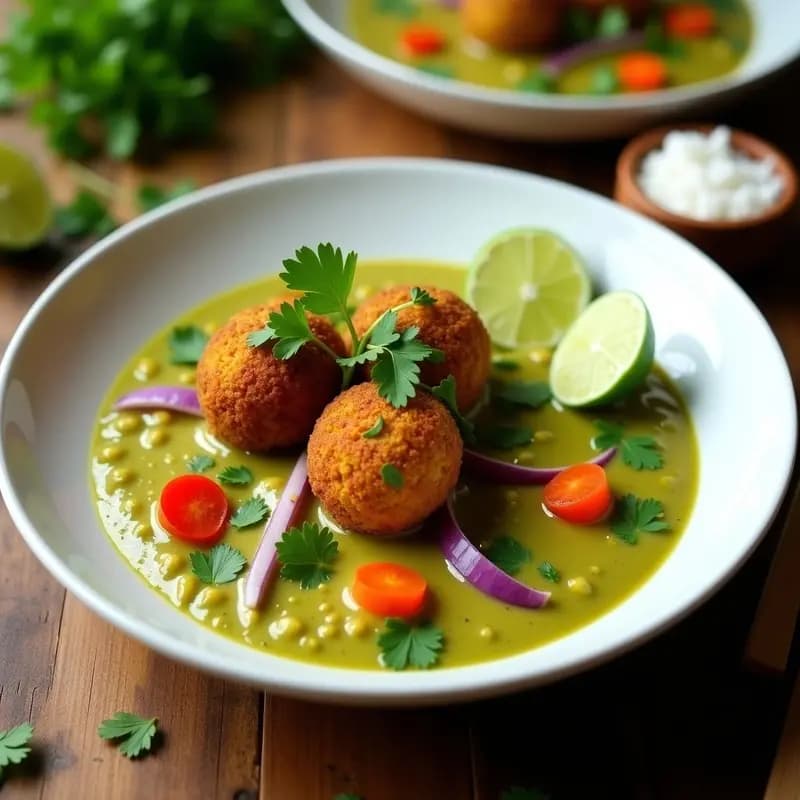 Bol hondo de cerámica blanca con curry verde tailandés vegano de color vibrante, falafel dorado y crujiente en airfryer, cilantro fresco y rodaja de limón. Plato tradicional tailandés adaptado a ingredientes caseros.