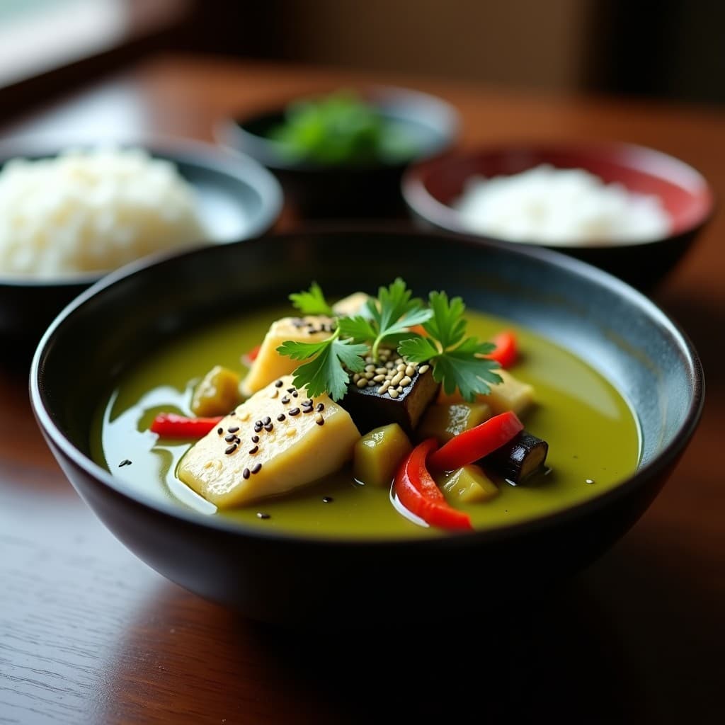 Bowl de cerámica negra con curry verde japonés espeso, trozos de merluza blanca, berenjena y pimiento rojo, decorado con cilantro fresco y semillas de sésamo tostadas.
