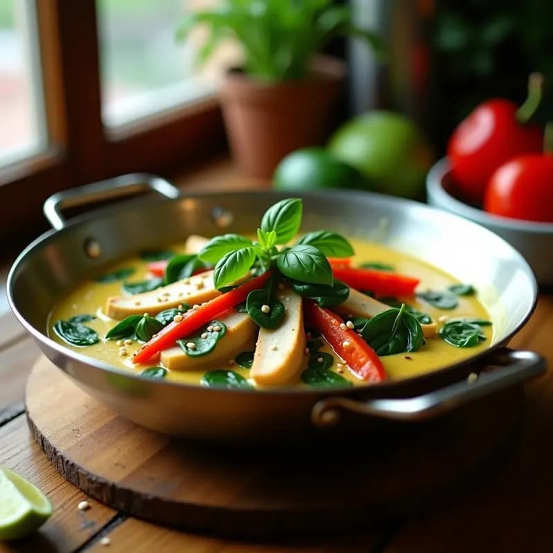 Wok de acero inoxidable con Curry Verde Tailandés bajo en grasa, mostrando tiras de pechuga de pavo tiernas, espinacas frescas de color verde vibrante y un toque de albahaca tailandesa. Plato servido con semillas de sésamo tostadas y rodajas de limón al lado.