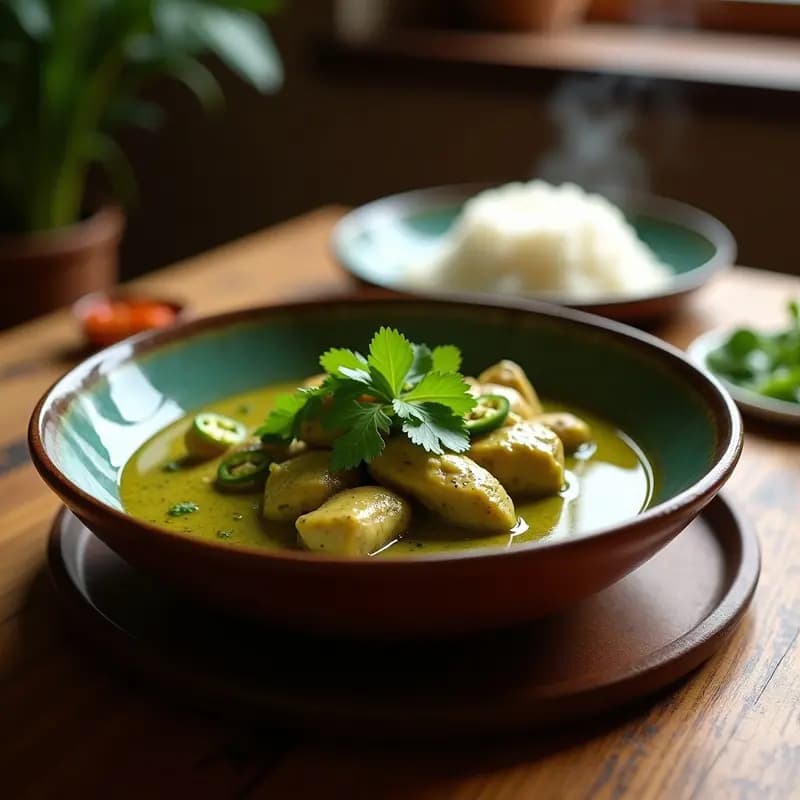 Plato hondo de barro con curry verde colombiano de pollo de Sincelejo, salsa cremosa de color verde intenso, trozos de pollo tierno, espinacas y cilantro fresco. Servido con arroz blanco y decorado con rodajas de chile verde. Receta en olla rápida con toque picante.